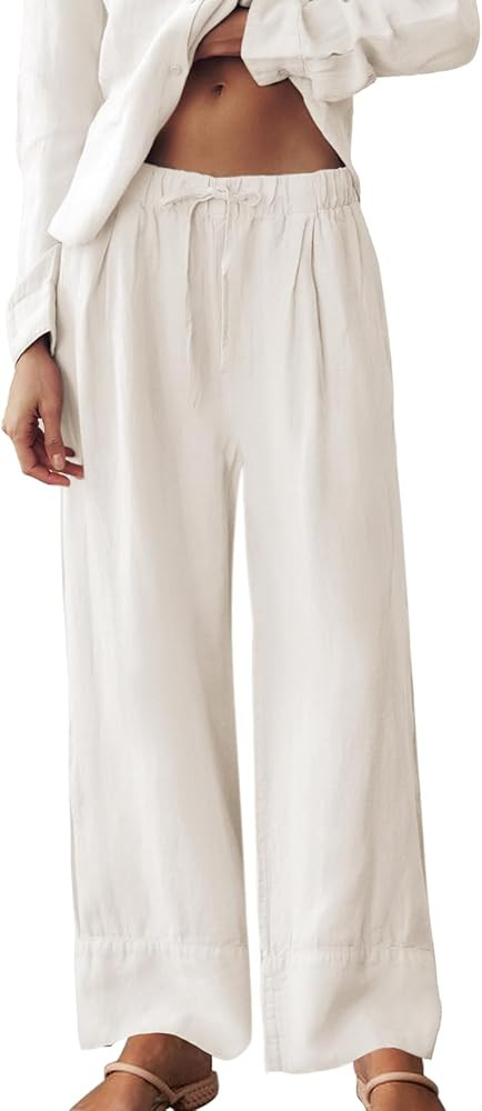 Ainangua Women Linen Palazzo Pants Casual Elasticated Drawstring Waist Wide Leg Trousers Trendy B... | Amazon (US)