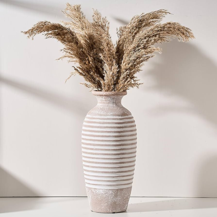 Ceramic Rustic Vase, Large Vintage Flower Vase, 14.3 Inch Threaded Decorative Vase, Farmhouse Tal... | Amazon (US)