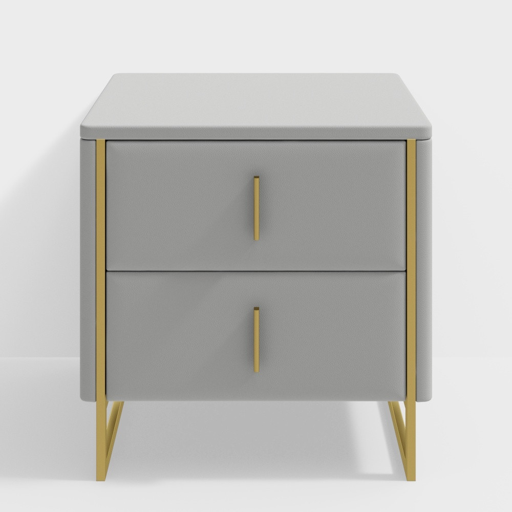 Modern Gray Nightstand 2-Drawer Faux Leather Bedside Table in Gold-Homary | Homary