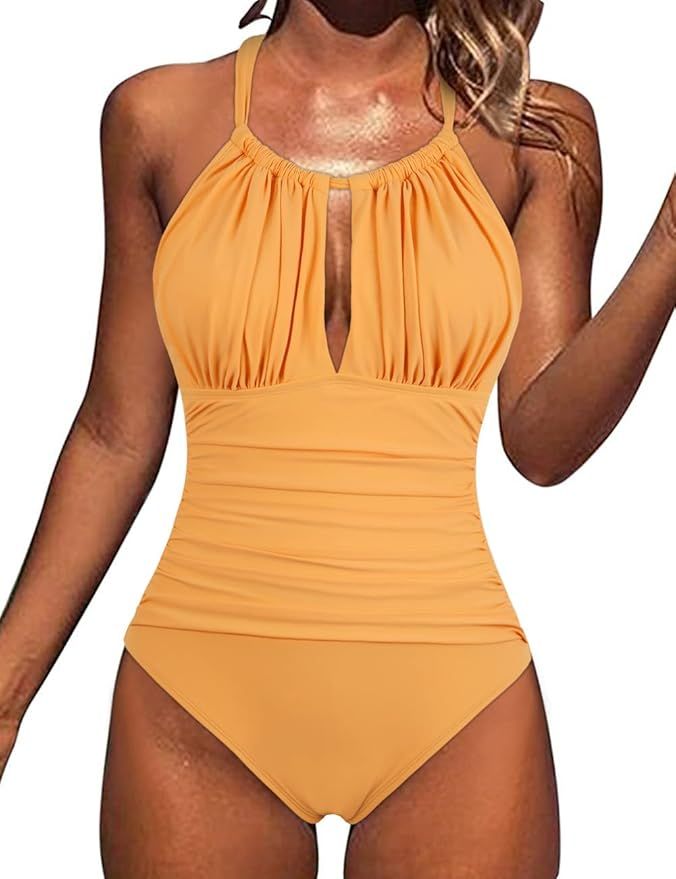 Hilor Women's High Neck One Piece Swimsuits Plunge Cut Out Swimwear Ruched Tummy Control Bathing ... | Amazon (US)