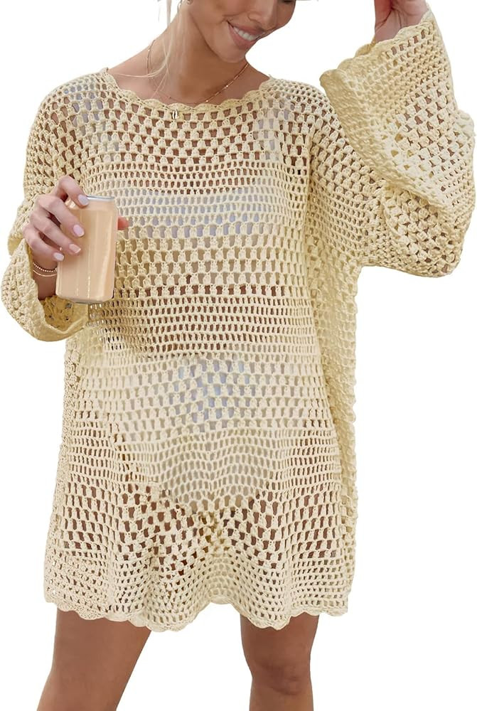 Prinbara Women Swimsuit Crochet Hollow Out Swim Cover Up Bikini Swimwear Knit Mesh Tunic Beach Dr... | Amazon (US)