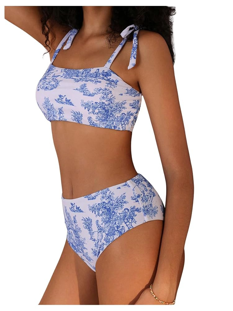 Floerns Women's Tie Shoulder Bikini Swimsuit Floral High Waisted 2 Piece Bathing Suit | Amazon (US)