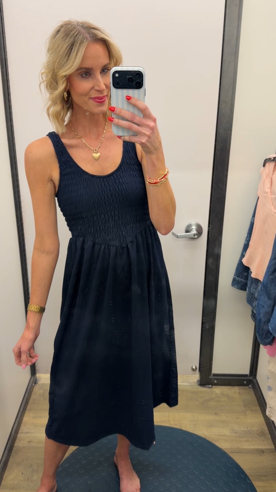 Smocked navy midi dress