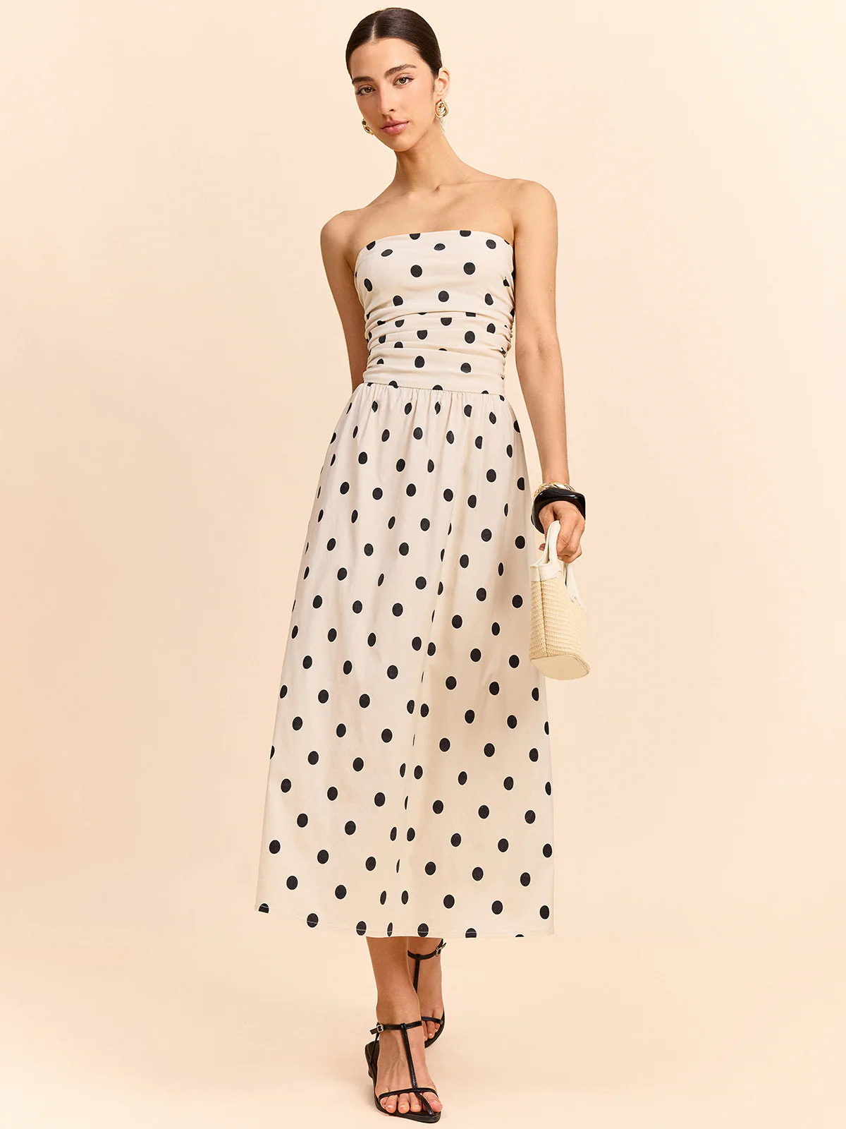 Strapless Polka Dot Ruched Midi Dress | Commense