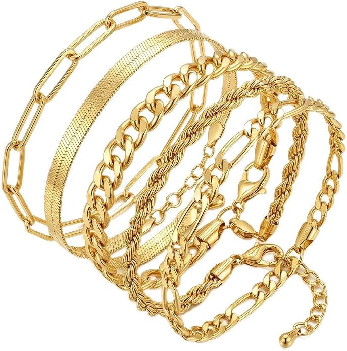 Gold Plated 5-Piece Chain Bracelet Set for Women - Figaro Herringbone Curb Rope Paperclip Links, ... | Amazon (US)