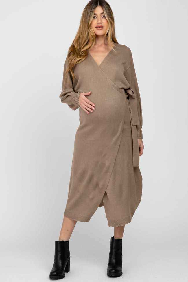 Mocha Wrap Sweater Knit Maternity Midi Dress | PinkBlush Maternity
