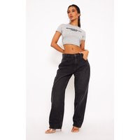 PrettyLittleThingPetite Washed Black High Rise Straight Leg Jeans | PrettyLittleThing US