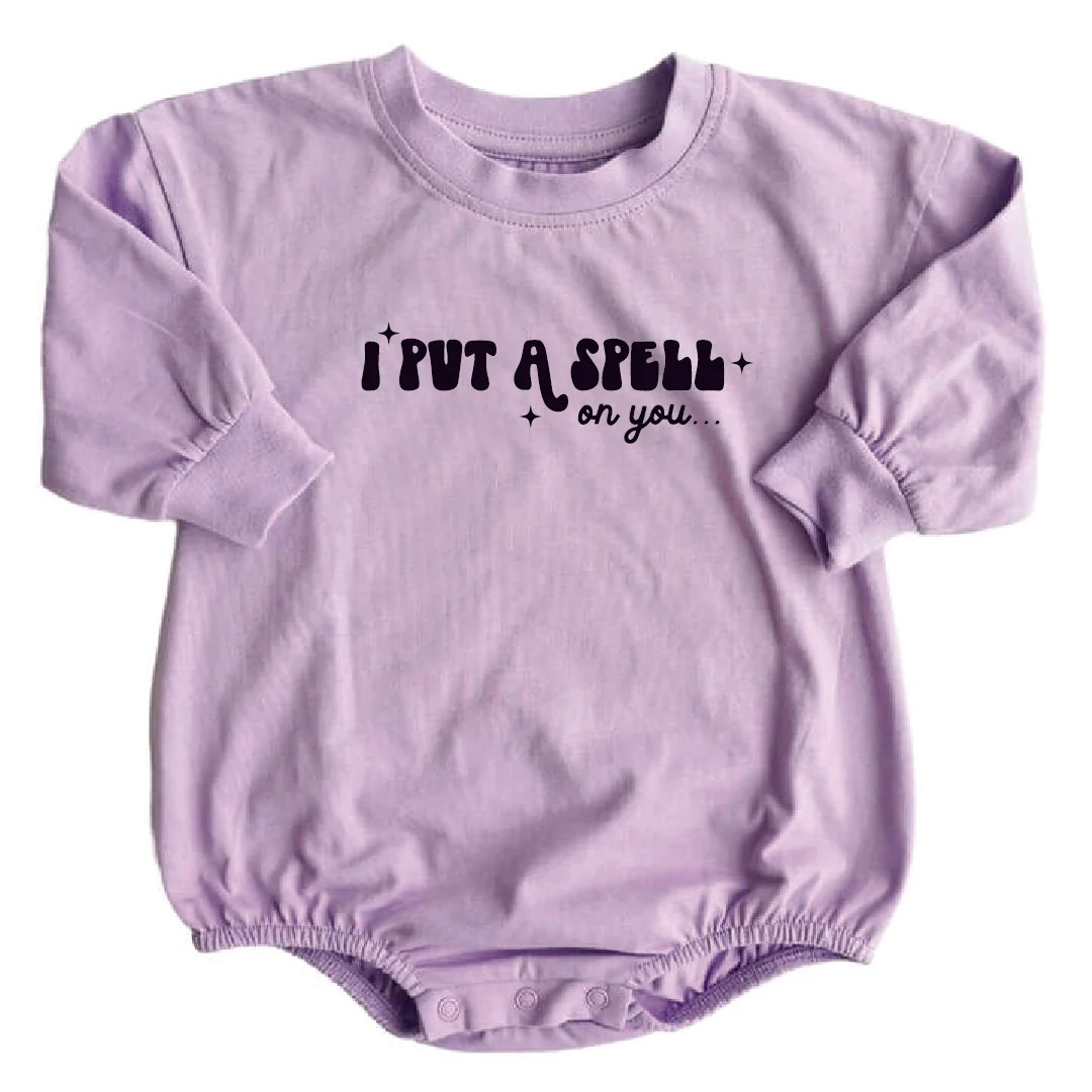 Halloween Long Sleeve Bubble Romper | Frankenstein Purple | Caden Lane