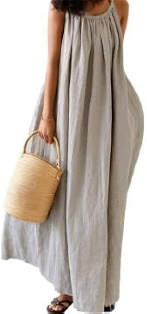 Womens Casual Spaghetti Strap Midi Swing Cotton Linen Dress, Summer Vacation Relaxed Fit Long Ruc... | Amazon (US)
