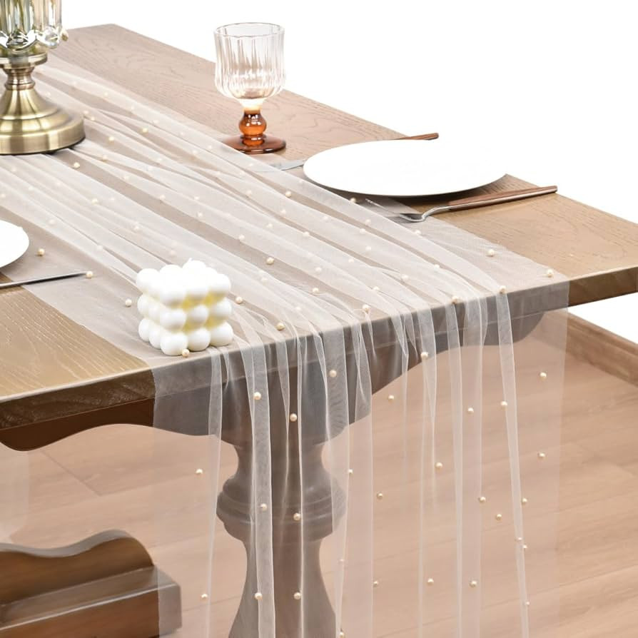 Joanlody Fall Pearl Table Runner 10ft Rustic Boho Tulle Table Runner with Pearls for Baby Shower ... | Amazon (US)