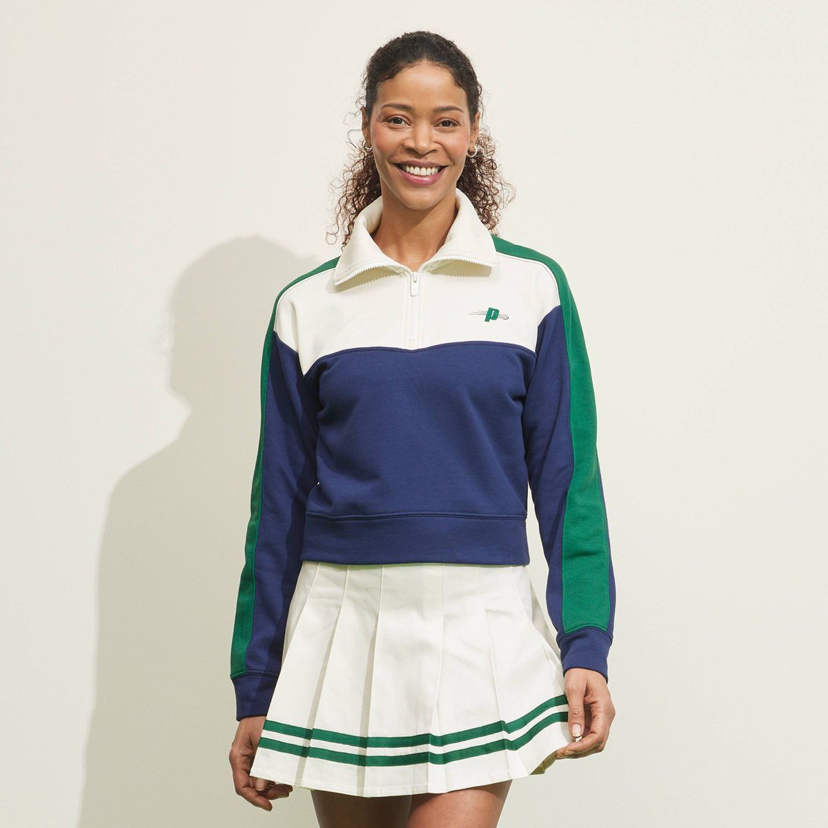 Prince Women's French Terry 1/4 Zip Pullover Sweatshirt - Navy Blue/Cream/Green M | Target