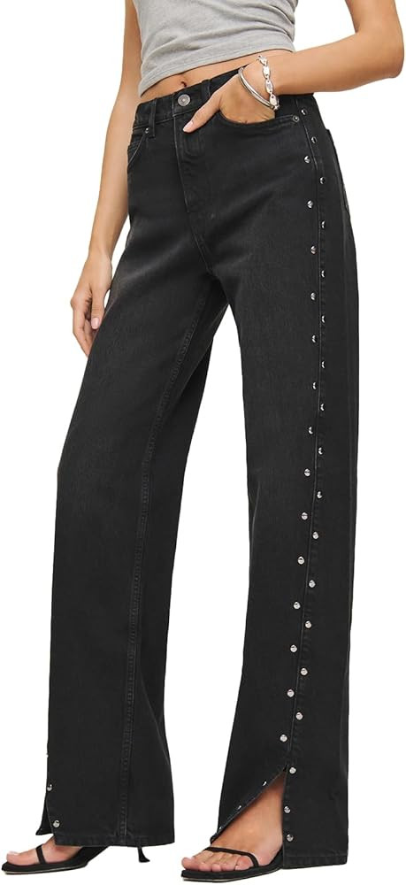 Ladyful Women's Straight Leg Jeans High Waist Casual Stretch Denim Pants Stud Embellished Split J... | Amazon (US)