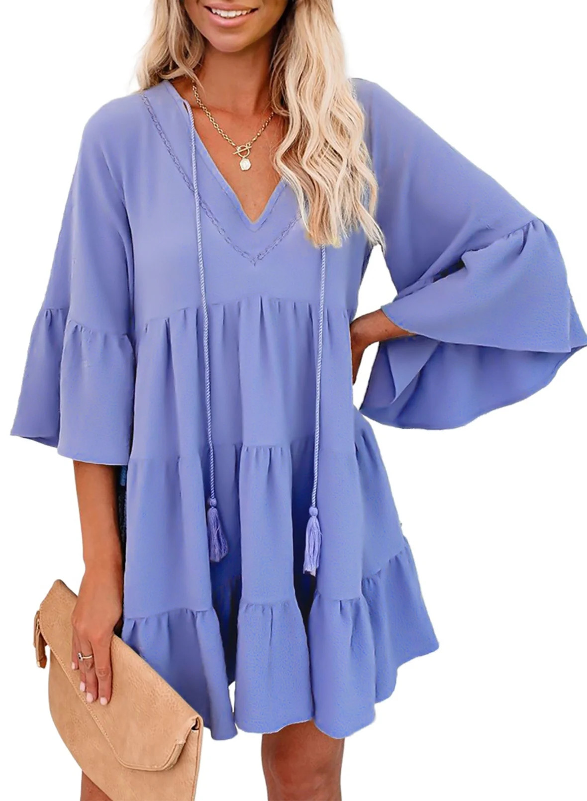 Dokotoo Women's Sky Blue Tassel Swing Mini Dresses V Neck Tunic Dress Loose Flowy Casual Bell Sle... | Walmart (US)