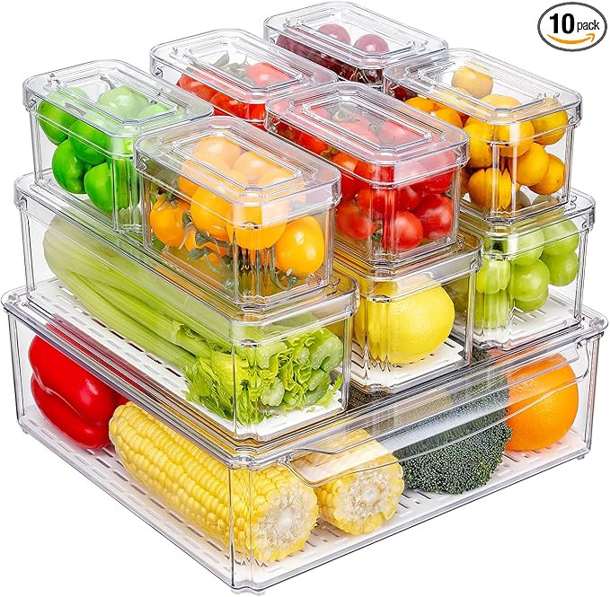 10 Pack Fridge Organizer, Stackable Refrigerator Organizer Bins with Lids, BPA-Free Produce Fruit... | Amazon (US)
