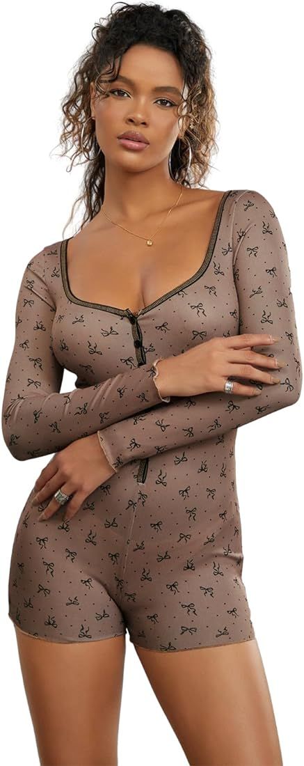Raruxxin Women Y2k Long Sleeve Romper Floral Bow Heart Print LowCut Button Bodycon Short Jumpsuit... | Amazon (US)