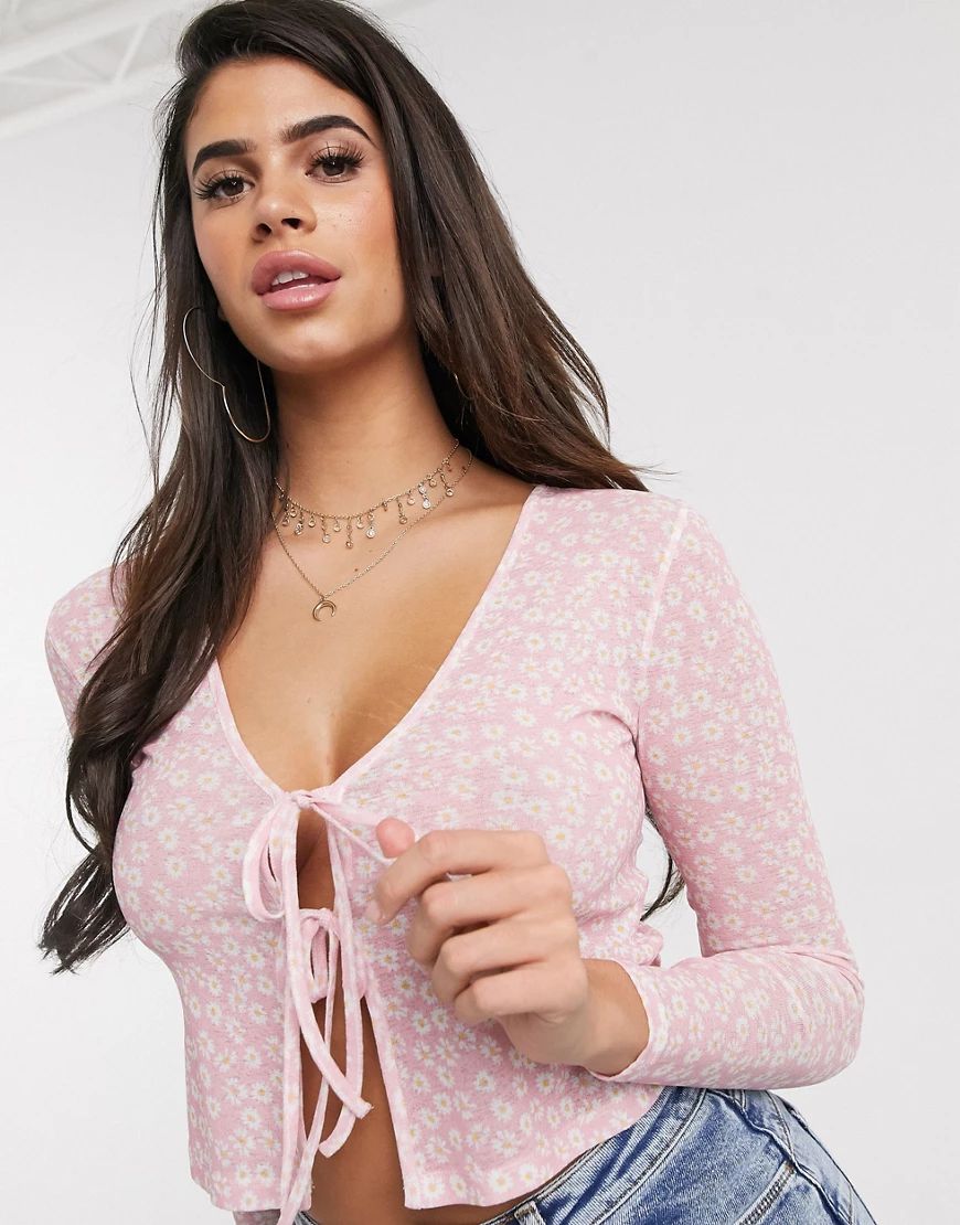 ASOS DESIGN daisy mesh top with tie front-Pink | ASOS (Global)