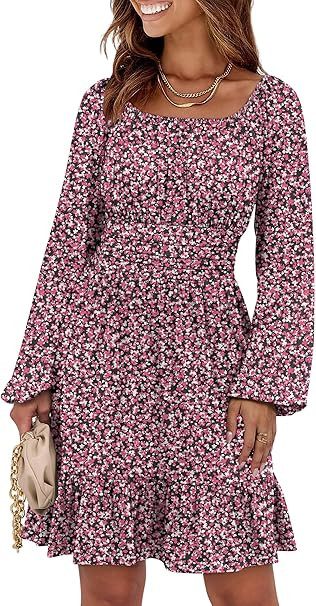 ANRABESS Womens Dress Long Lantern Sleeve Square Neck Elastic Waist Ruffle Flowy Swing A-Line Sho... | Amazon (US)