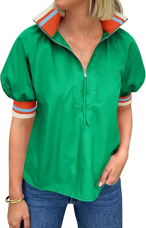 Tankaneo Womens Puff Sleeve Tops Blouse Color Block Half Zip V Neck Pullover Trendy Summer Casual... | Amazon (US)