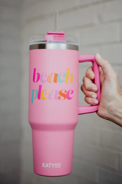 Light Pink Beach Please Tumbler Cup with Straw and Handle | Katydid.com
