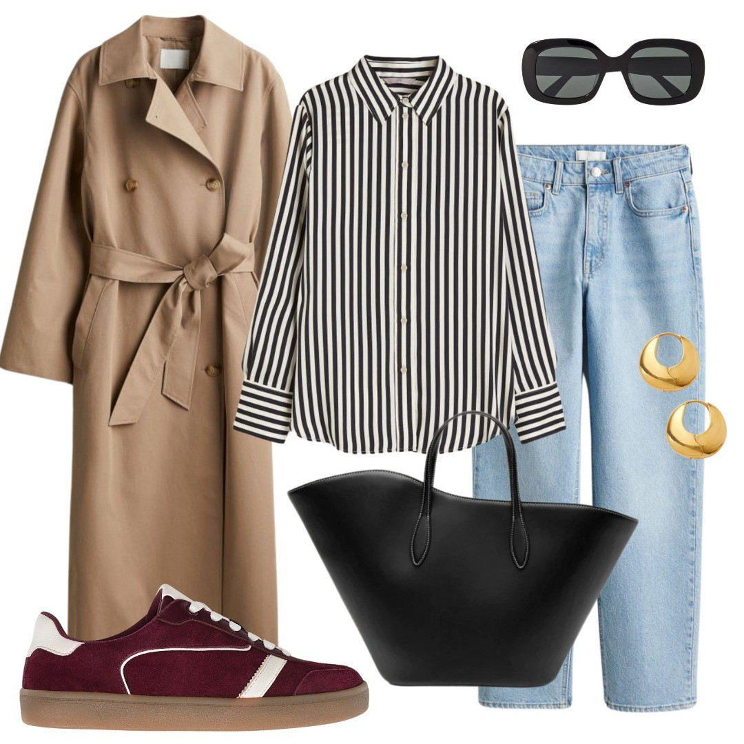 Trenchcoat styling, striped shirt, Tote bag, jeans look, denim trousers, sneakers, burgundy, spring wardrobe 

#LTKSeasonal #LTKworkwear #LTKshoecrush
