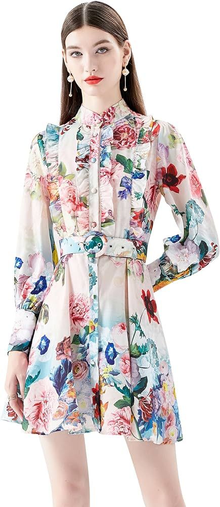 LAI MENG FIVE CATS Women's Floral Print Button up Lantern Sleeve Casual Shirt Dress A-line Mini D... | Amazon (US)