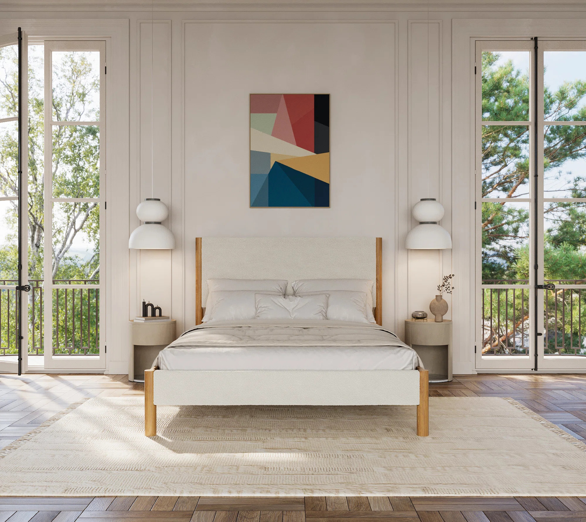 Ardin Solid Wood Bed Frame With Cream Boucle Upholstered Headboard And Footboard | Wayfair North America