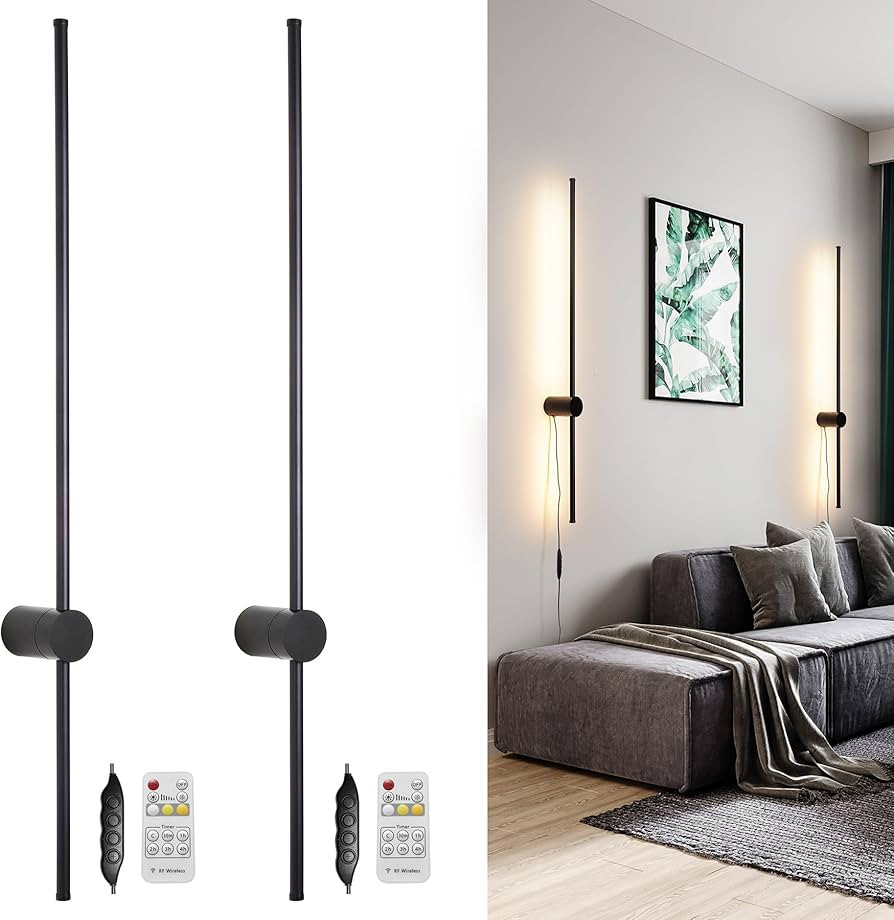 RC Dimmable Modern Plug in Wall Sconce Set of Two LED Black Wall Lights with Dimmer 39.4 inches W... | Amazon (US)