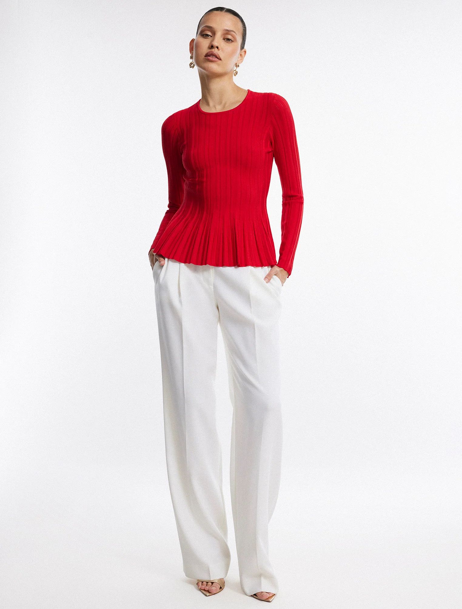 Red Long Sleeve Peplum Knit Top | Tops | BCBGMAXAZRIA | BCBG Max Azria 