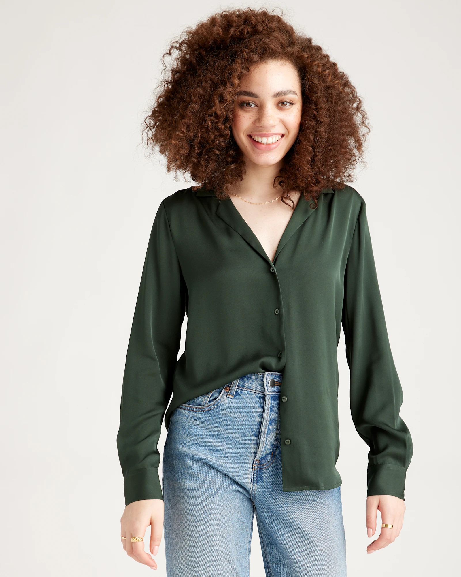 Quince | Women's 100% Washable Silk Stretch Notch Collar Blouse in Black, Size Large | Quince