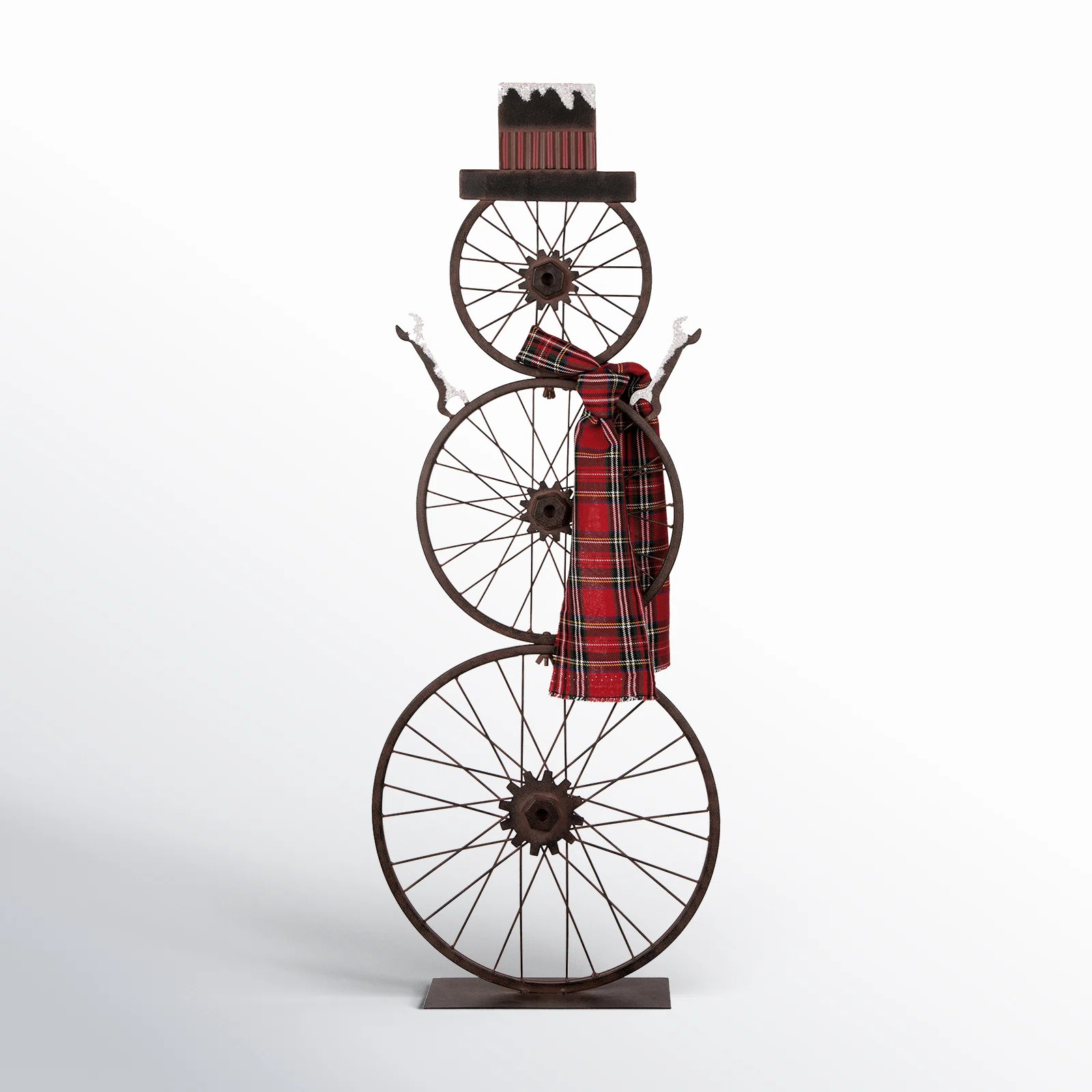 Jimena 34"H Metal Bike Wheel Snowman w/Plaid Scarf Porch Decor | Wayfair North America