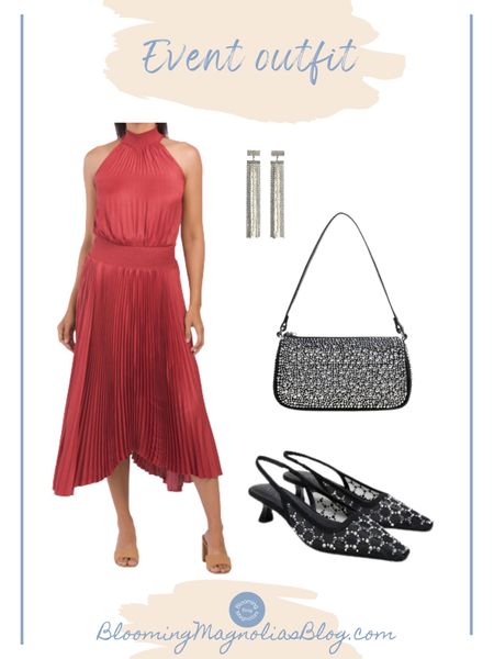 Event outfit. 

• pleated halter dress • halter dress  • pleated dress • rhinestone purse • rhinestone bag • evening bag • crystal earrings • cascade earrings • rhinestone shoes • holiday shoes 

#LTKstyletip