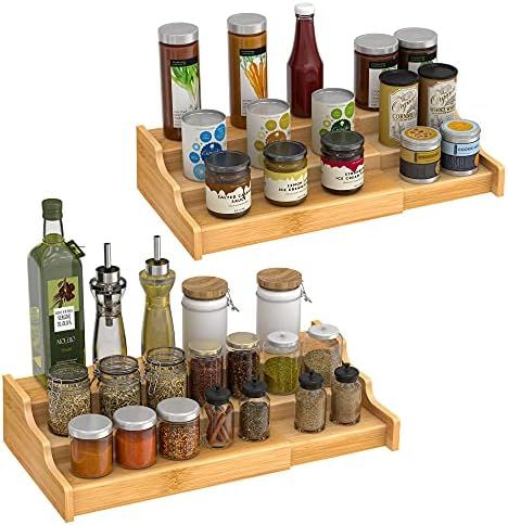 2PCS 3 Tier Expandable Bamboo Spice Rack Seasoning Organizer for Cabinet Pantry Countertop Kitchen S | Amazon (US)