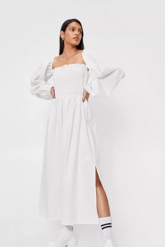 Linen Look Balloon Sleeve Shirred Midi Dress | Nasty Gal (US)