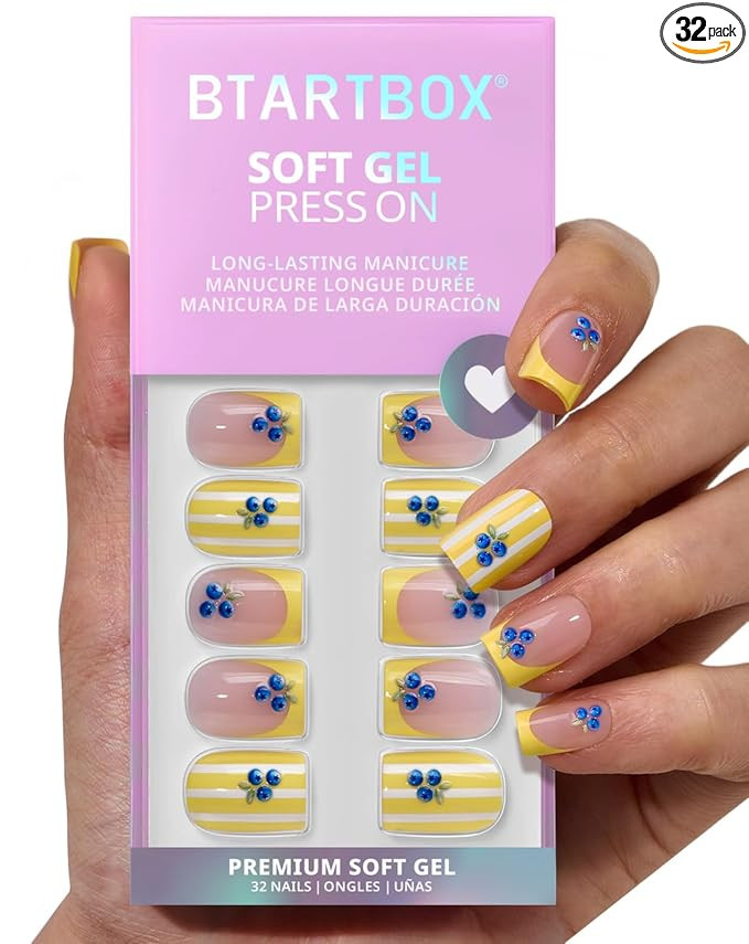 BTArtbox French Tip Press On Nails - Blueberry Rain, Easy-to-Apply Yellow Short Square Press On N... | Amazon (US)