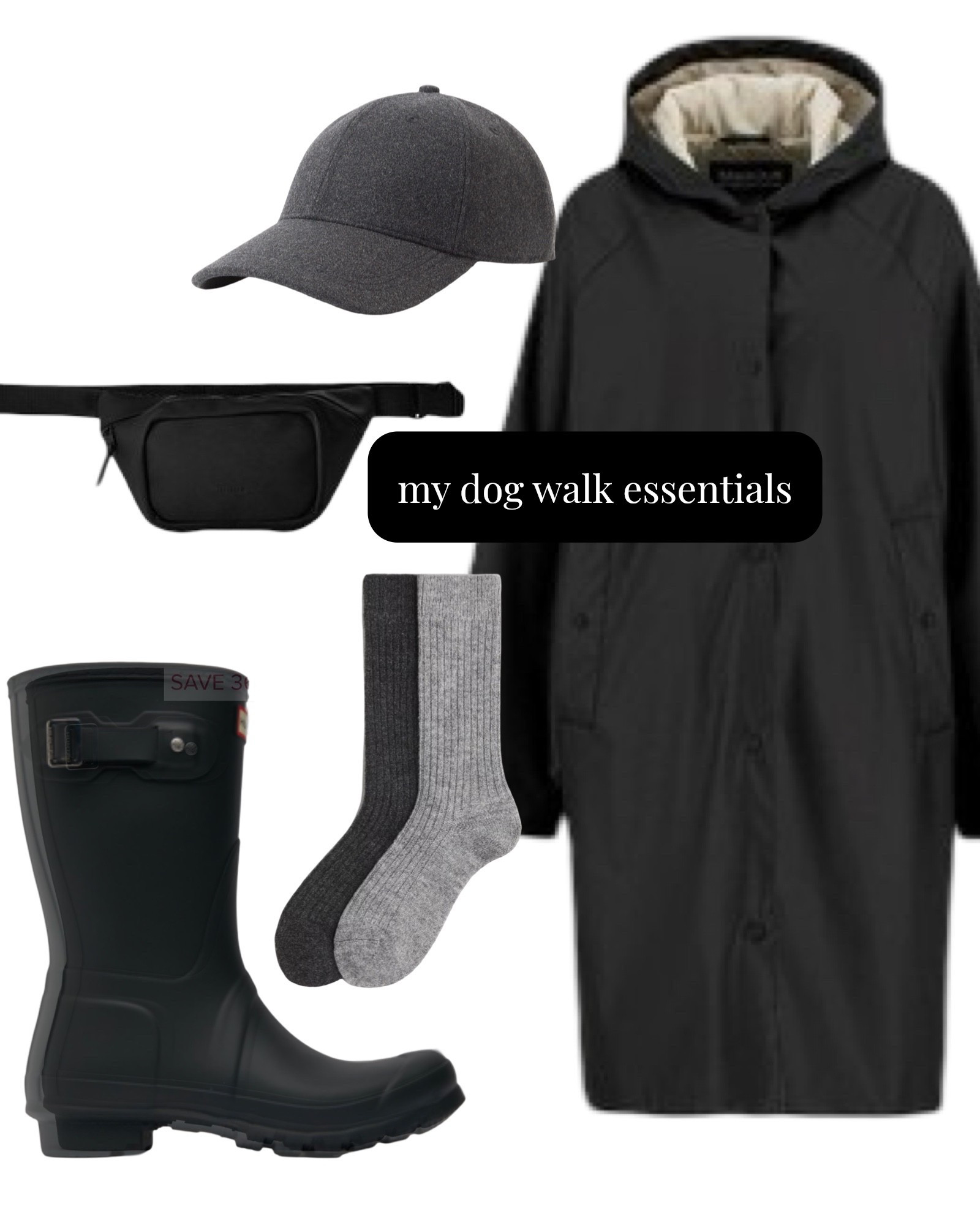 My dog walk essentials

• waterproof Barbour coat
• 3/4 hunter boots
• thick wool socks
• a waterproof bum bag
• baseball cap