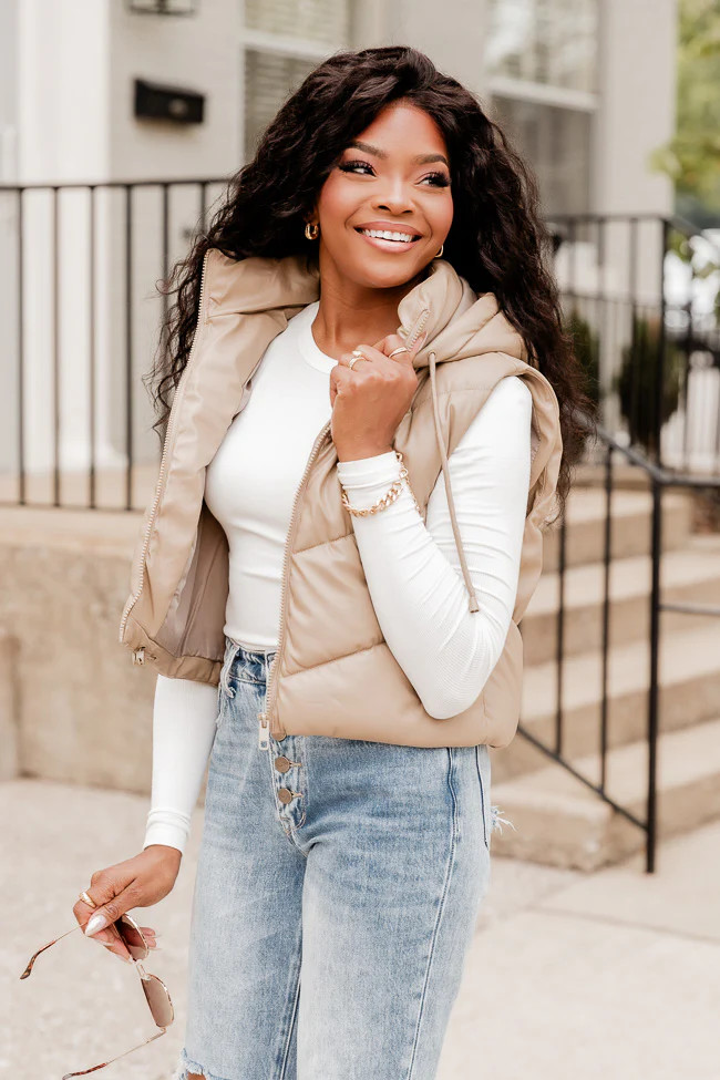 Nothing To Change Taupe Faux Leather Hooded Vest | Pink Lily