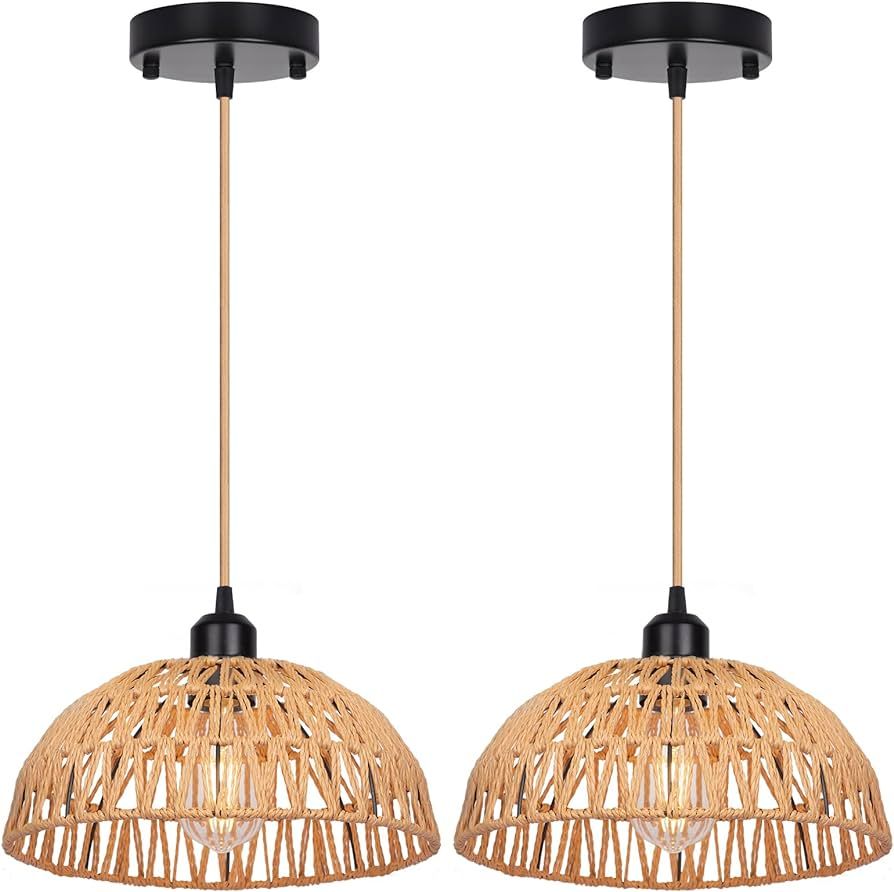 Yolsunes Rattan Pendant Light Fixtures 2 Packs, Boho Woven Basket Pendant Light, Handmade Wicker ... | Amazon (US)