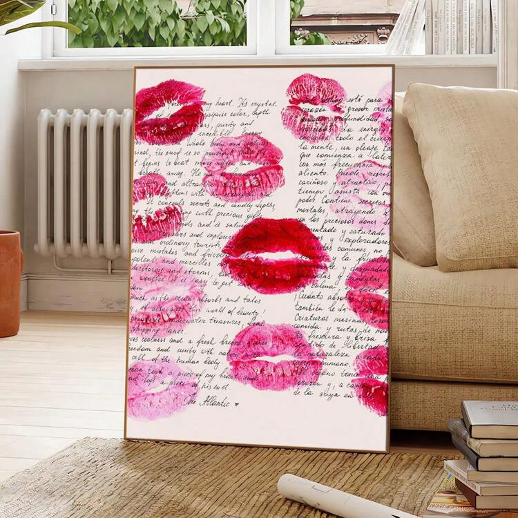 1pc Unframed Red Lips Kiss Love Poster Retro Newspaper Background 70s Girly Trendy Art Canvas Pai... | SHEIN