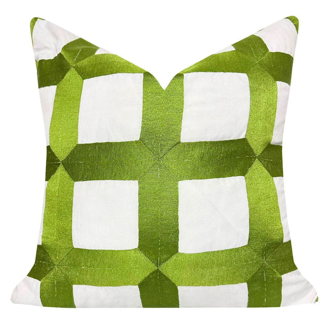Embroidered Square Lattice 22x22 Pillow, Green | Laura Park Designs