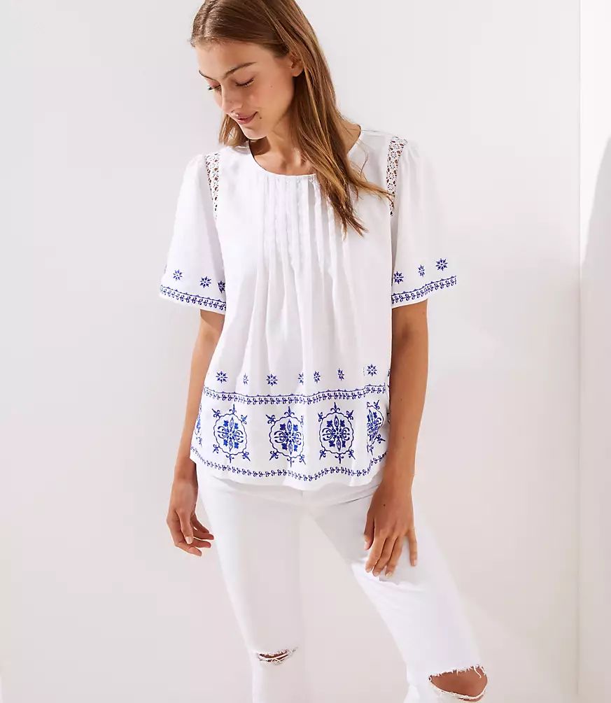 Embroidered Pintucked Top | LOFT