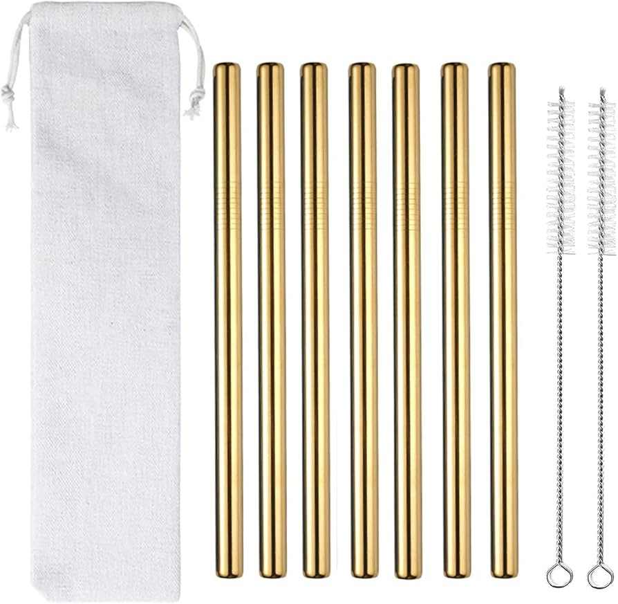 7 Pcs 8.5" Reusable Boba Drinking Straws 304 Stainless Steel Straws Set with 2 Cleaning Brushes Wide | Amazon (US)