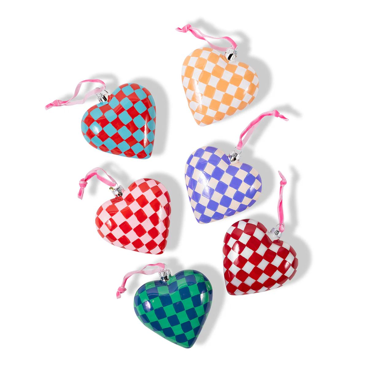 Checkered Hearts Ornaments S/6 | Furbish Studio