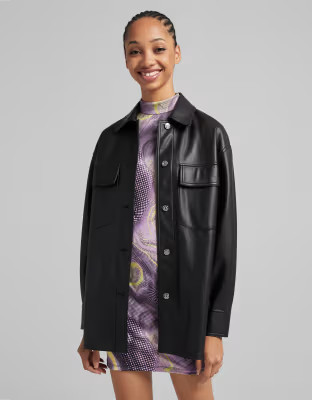 Bershka faux leather shacket in black | ASOS | ASOS (Global)