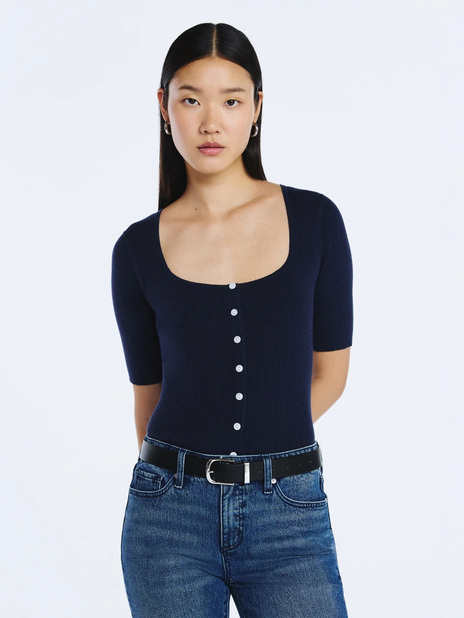 Scoop Women's Square Neckline Cardigan Sweater with Short Sleeves, Lightweight, Sizes XS-XXL | Walmart (US)