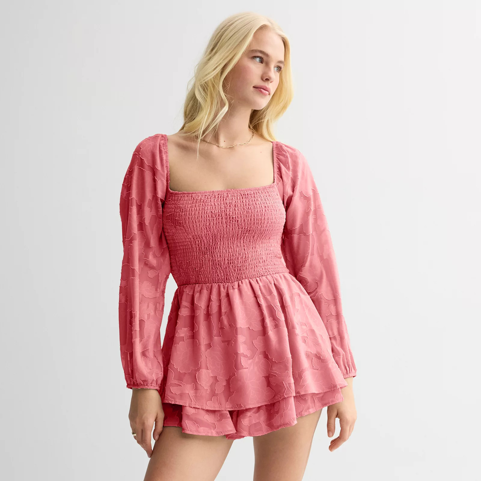 Juniors' Harper & Ivy Long Sleeve Smocked Waist Dromper | Kohl's