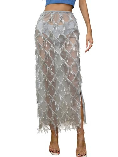 AXX Womens Sequin Fringe Midi Skirt Sheer Mesh Tassel Skirt Grey | Amazon (US)