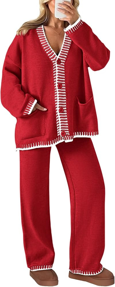 PRETTYGARDEN Women's 2 Piece Outfits Knit Matching Lounge Sets Long Sleeve V Neck Cardigan Sweate... | Amazon (US)