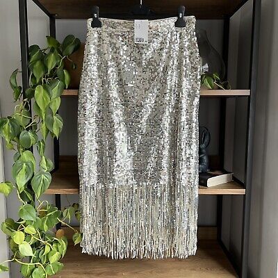 H&M Sequin Midi Skirt Label 12 / Fit 10 Silver Swishy Fringe New with Tags | eBay UK