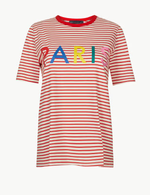 Pure Cotton Striped Paris Straight Fit T-Shirt | Marks & Spencer (UK)