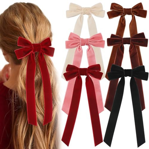 6PCS Velvet Hair Bows, Bow Hair Clips with Long Tail, Red Hair Bows for Women Girls Toddler, Cute Hair Ribbon Barrette Ponytail Holder Alligator Clips Accessories | Amazon (US)